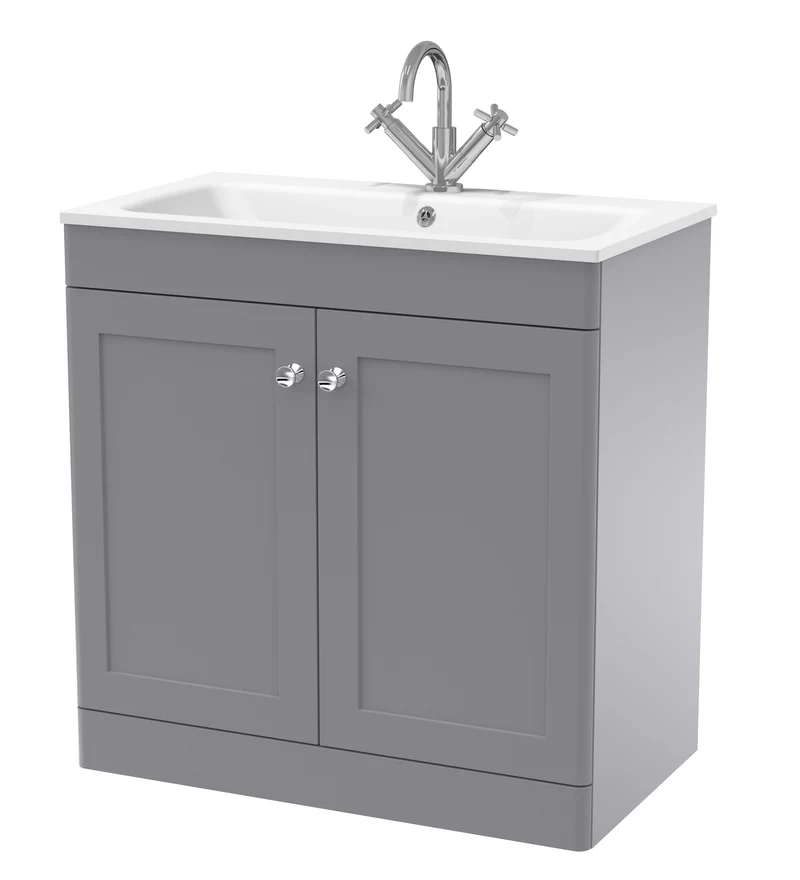 Classique 800mm Floor Standing 2 Door Vanity Unit With White Stone Basin - Satin Grey