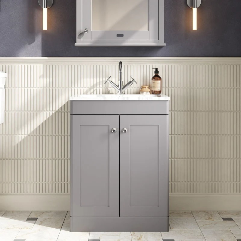 Classique 600mm Floor Standing 2 Door Vanity Unit With Marble Stone Basin - Satin Grey