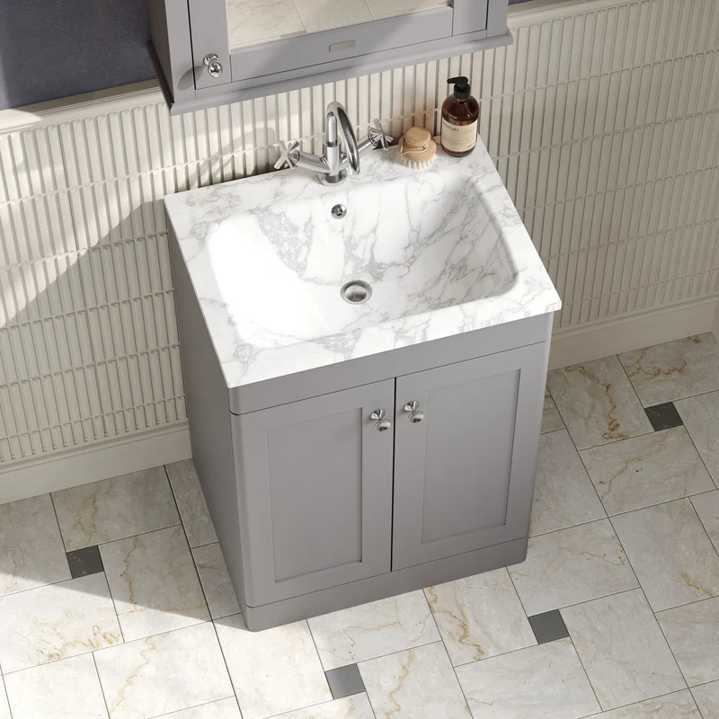 Classique 600mm Floor Standing 2 Door Vanity Unit With Marble Stone Basin - Satin Grey
