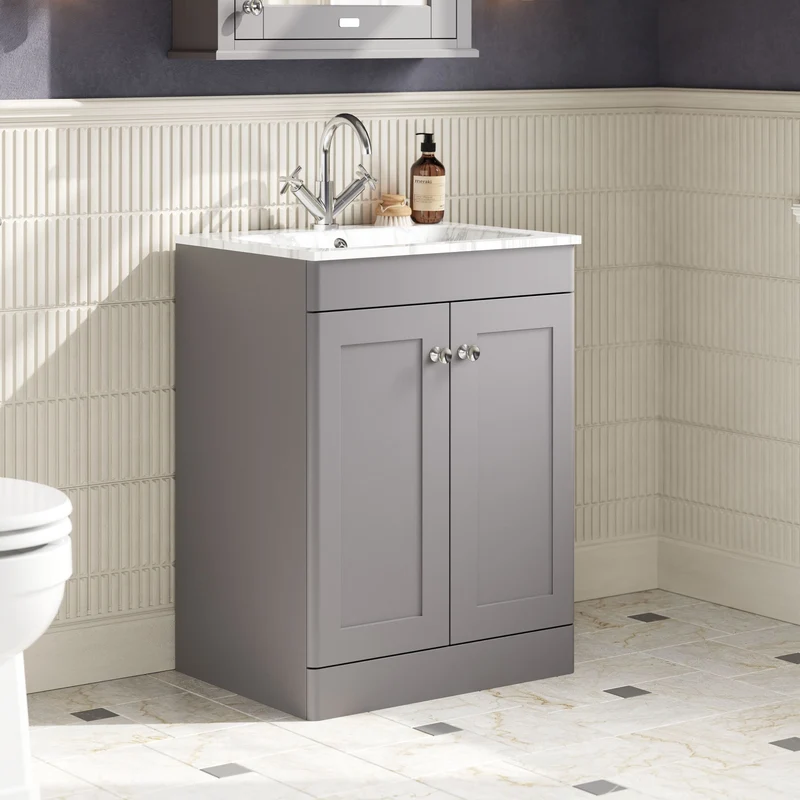 Classique 600mm Floor Standing 2 Door Vanity Unit With Marble Stone Basin - Satin Grey
