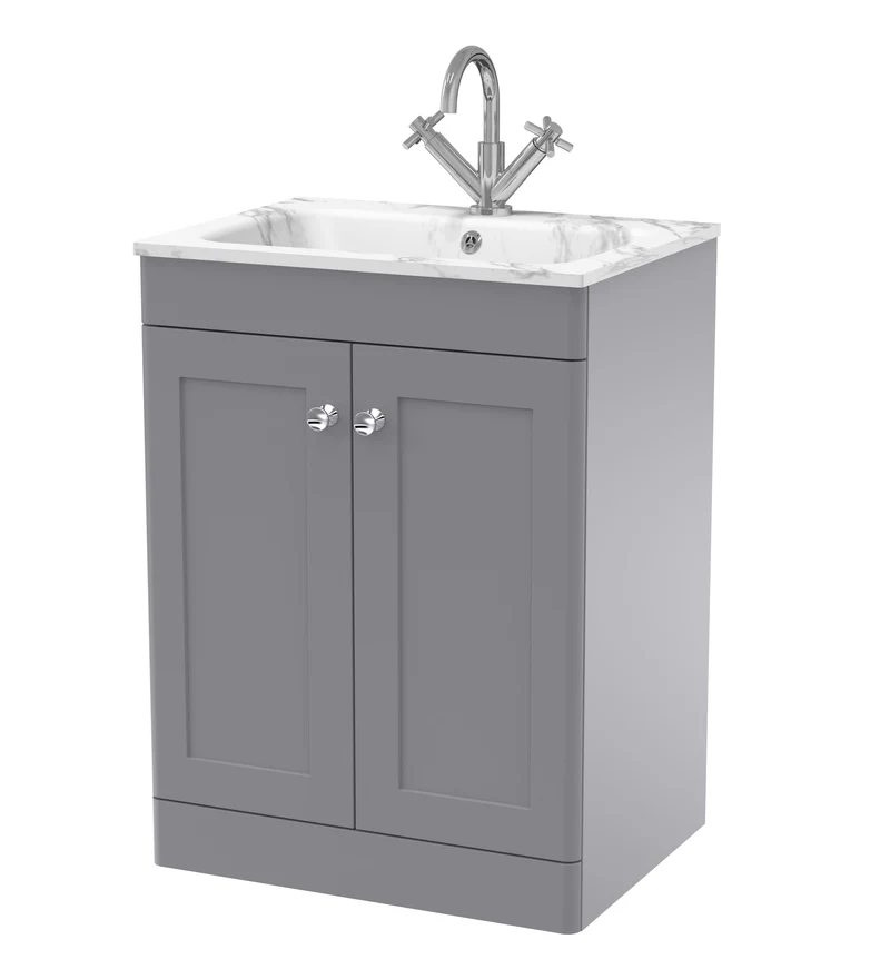 Classique 600mm Floor Standing 2 Door Vanity Unit With Marble Stone Basin - Satin Grey