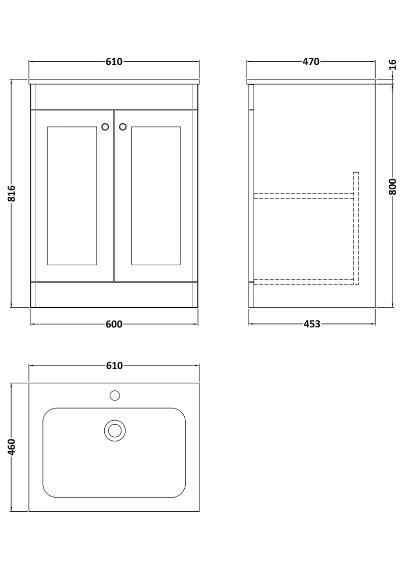 Classique 600mm Floor Standing 2 Door Vanity Unit With Marble Stone Basin - Satin Grey