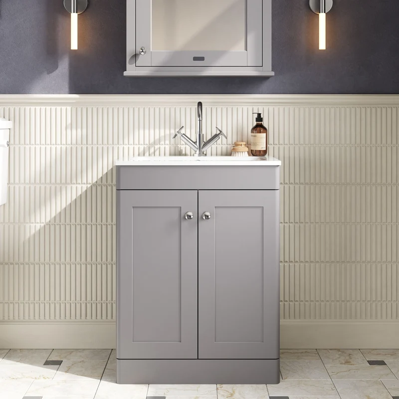 Classique 600mm Floor Standing 2 Door Vanity Unit With White Stone Basin - Satin Grey