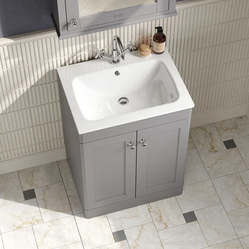 Classique 600mm Floor Standing 2 Door Vanity Unit With White Stone Basin - Satin Grey