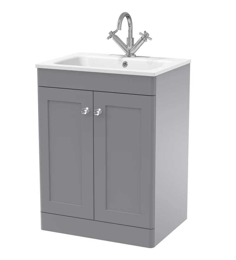 Classique 600mm Floor Standing 2 Door Vanity Unit With White Stone Basin - Satin Grey