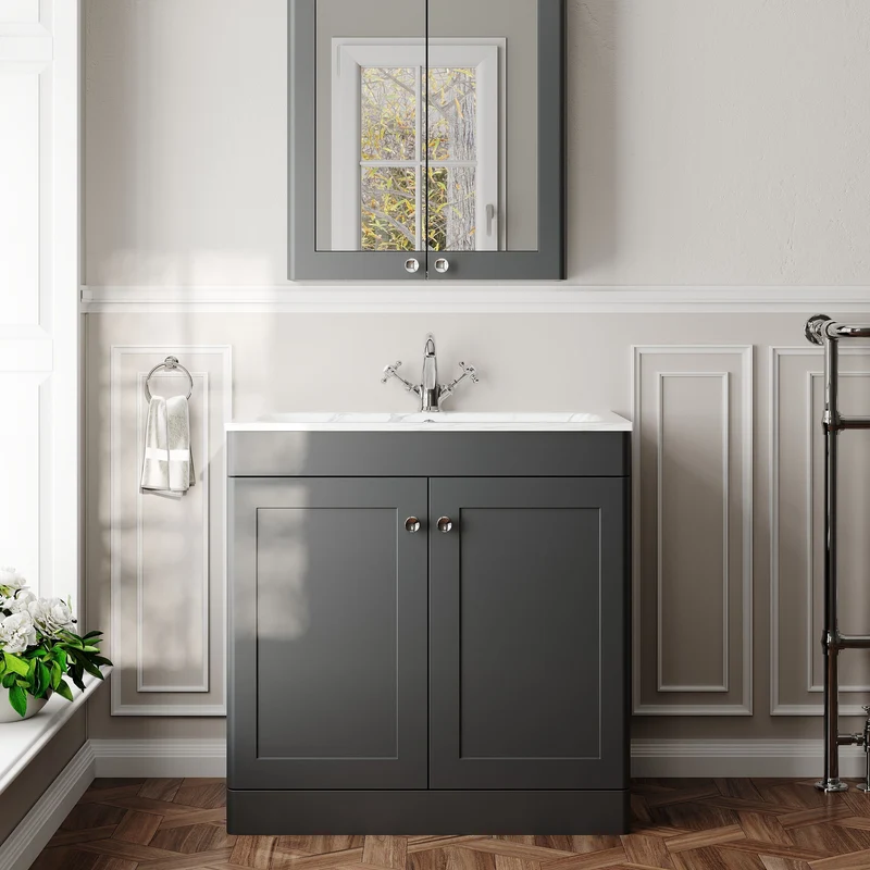 Classique 800mm Floor Standing 2 Door Vanity Unit With Marble Stone Basin - Soft Black