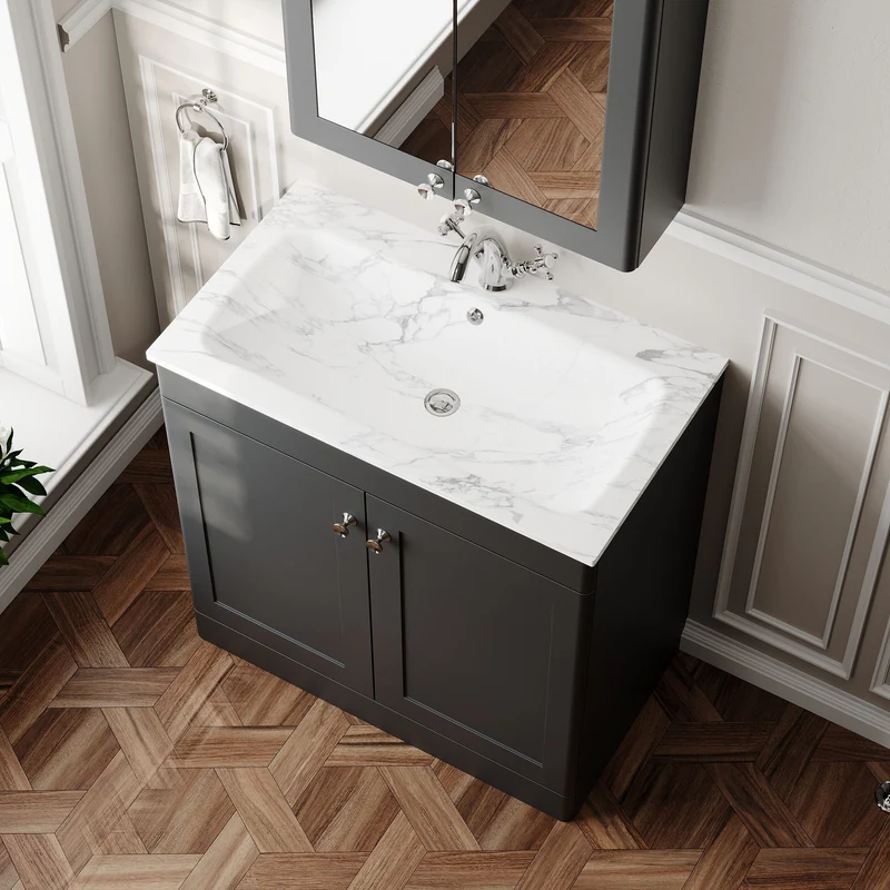 Classique 800mm Floor Standing 2 Door Vanity Unit With Marble Stone Basin - Soft Black