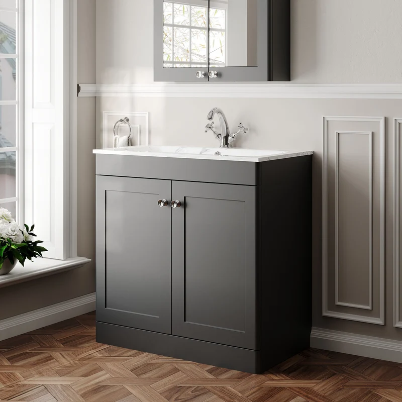 Classique 800mm Floor Standing 2 Door Vanity Unit With Marble Stone Basin - Soft Black