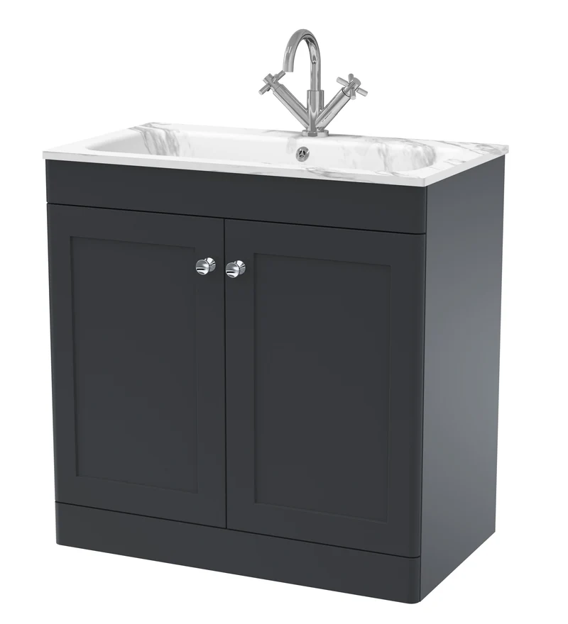 Classique 800mm Floor Standing 2 Door Vanity Unit With Marble Stone Basin - Soft Black
