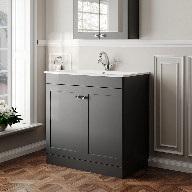 Classique 800mm Floor Standing 2 Door Vanity Unit With White Stone Basin - Soft Black