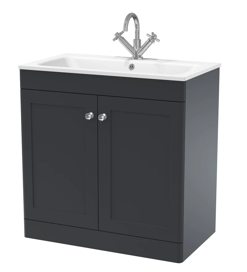 Classique 800mm Floor Standing 2 Door Vanity Unit With White Stone Basin - Soft Black