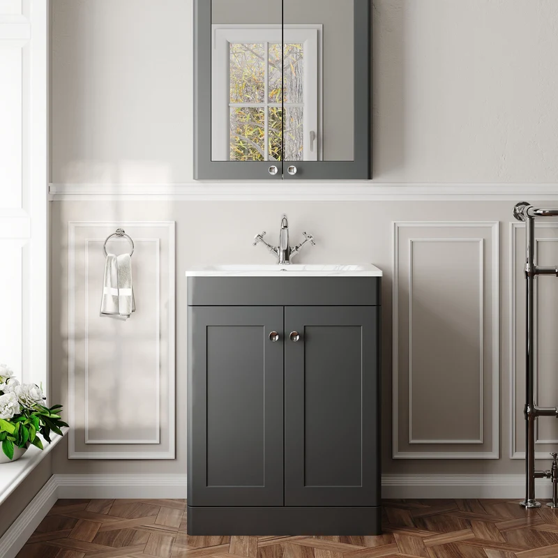 Classique 600mm Floor Standing 2 Door Vanity Unit With Marble Stone Basin - Soft Black