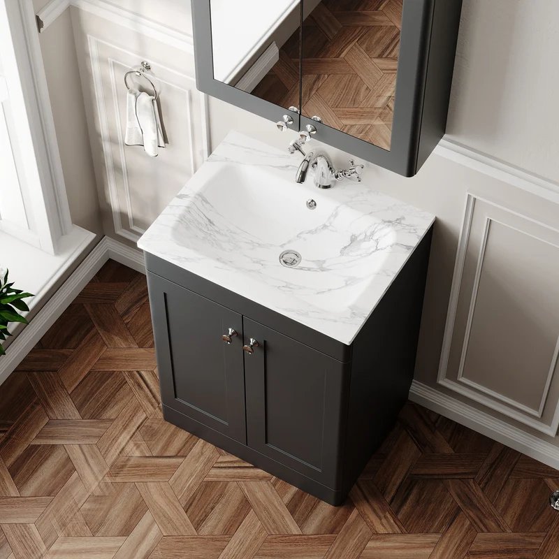 Classique 600mm Floor Standing 2 Door Vanity Unit With Marble Stone Basin - Soft Black