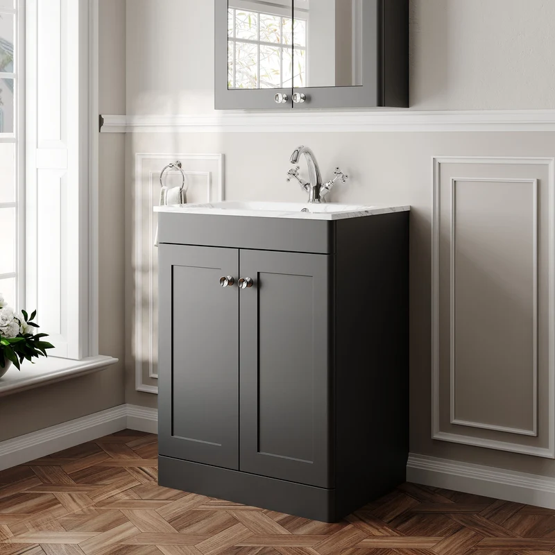 Classique 600mm Floor Standing 2 Door Vanity Unit With Marble Stone Basin - Soft Black