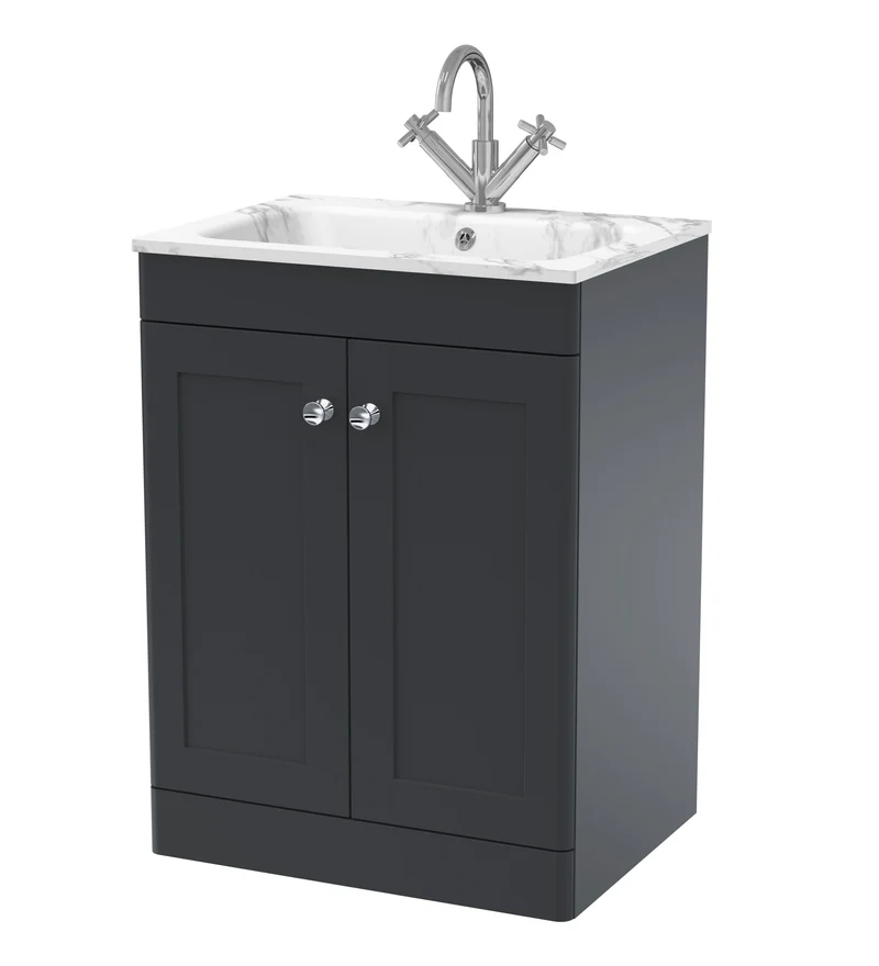 Classique 600mm Floor Standing 2 Door Vanity Unit With Marble Stone Basin - Soft Black