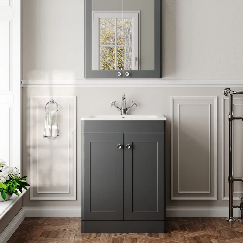 Classique 600mm Floor Standing 2 Door Vanity Unit With White Stone Basin - Soft Black