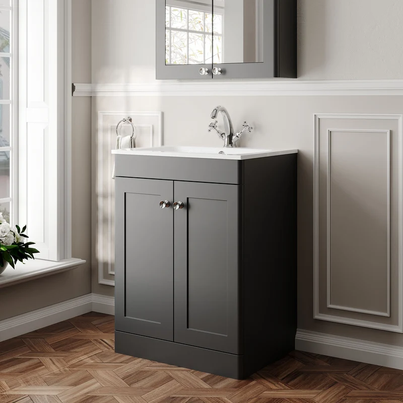 Classique 600mm Floor Standing 2 Door Vanity Unit With White Stone Basin - Soft Black