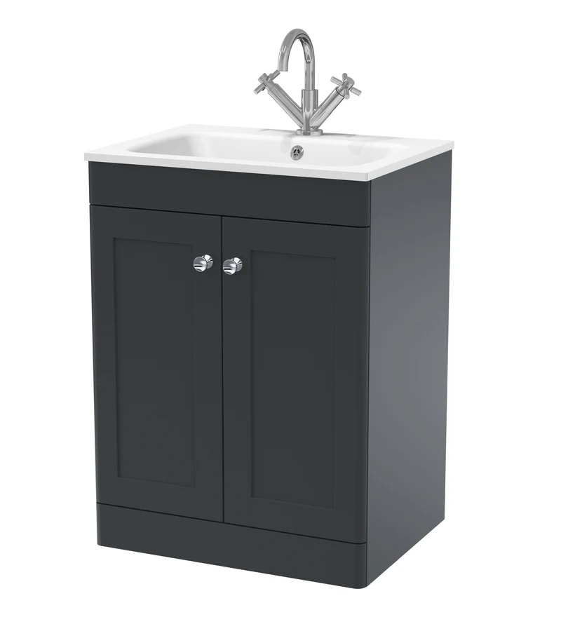 Classique 600mm Floor Standing 2 Door Vanity Unit With White Stone Basin - Soft Black