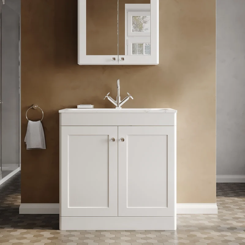 Classique 800mm Floor Standing 2 Door Vanity Unit With Marble Stone Basin - Satin White
