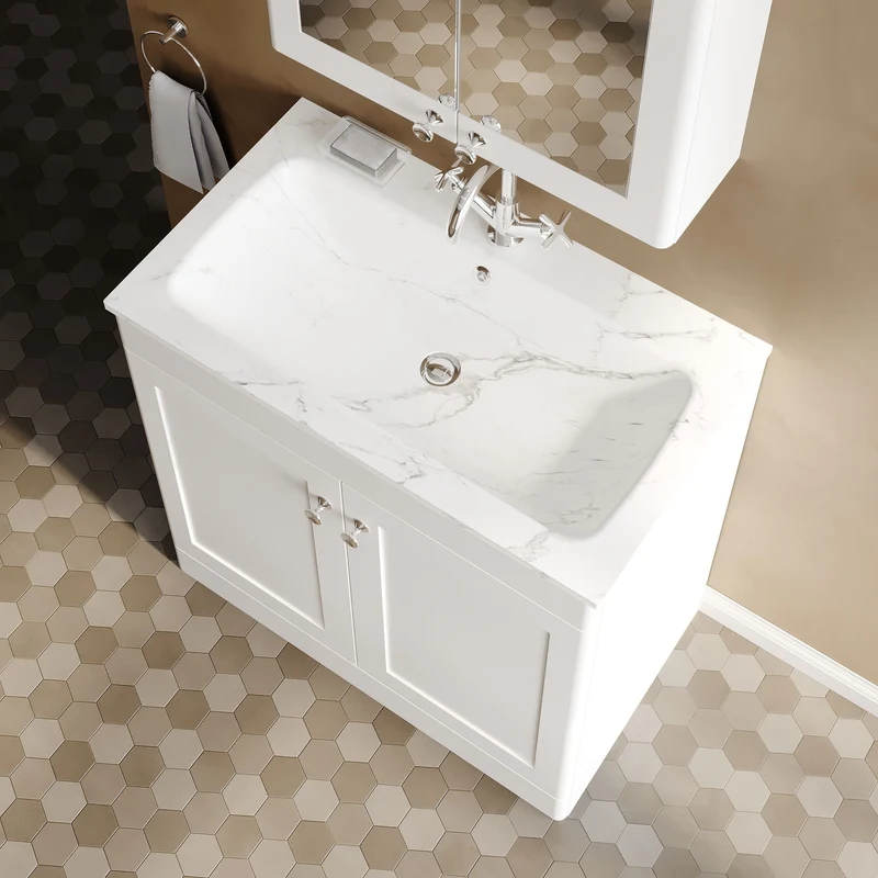 Classique 800mm Floor Standing 2 Door Vanity Unit With Marble Stone Basin - Satin White