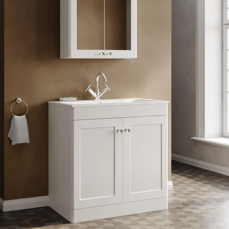 Classique 800mm Floor Standing 2 Door Vanity Unit With Marble Stone Basin - Satin White