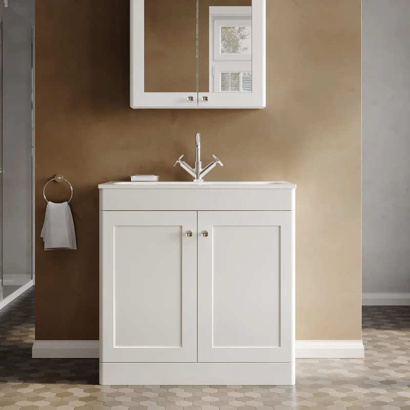 Classique 800mm Floor Standing 2 Door Vanity Unit With White Stone Basin - Satin White