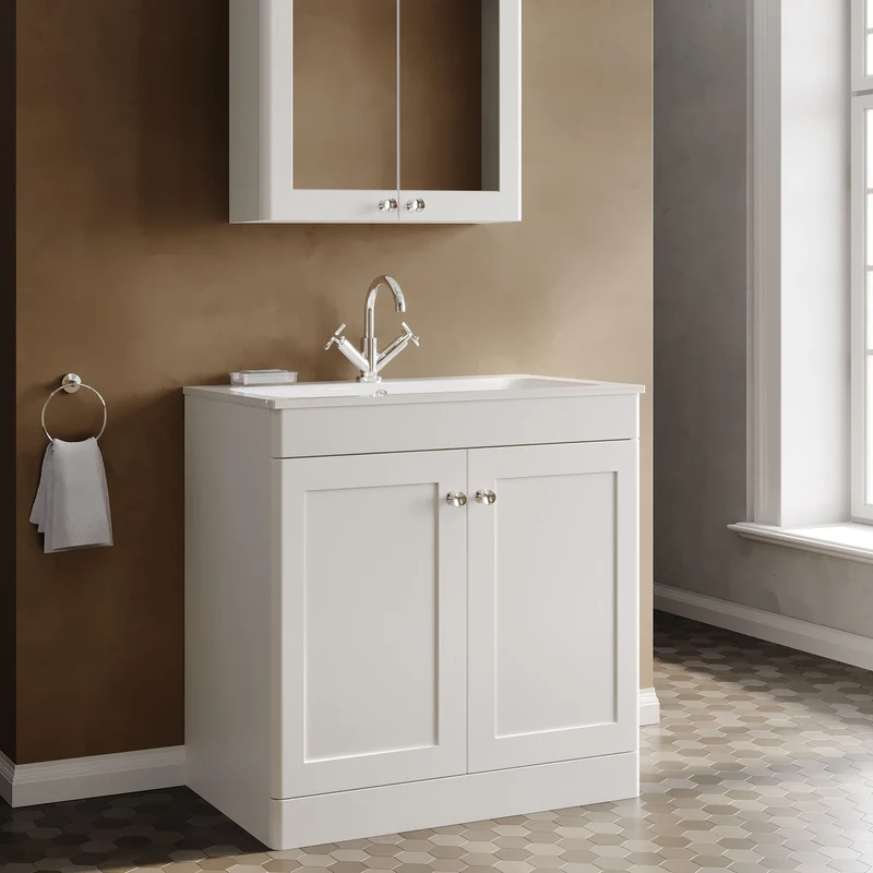 Classique 800mm Floor Standing 2 Door Vanity Unit With White Stone Basin - Satin White