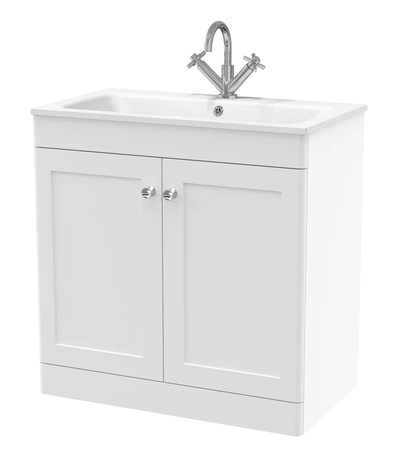 Classique 800mm Floor Standing 2 Door Vanity Unit With White Stone Basin - Satin White
