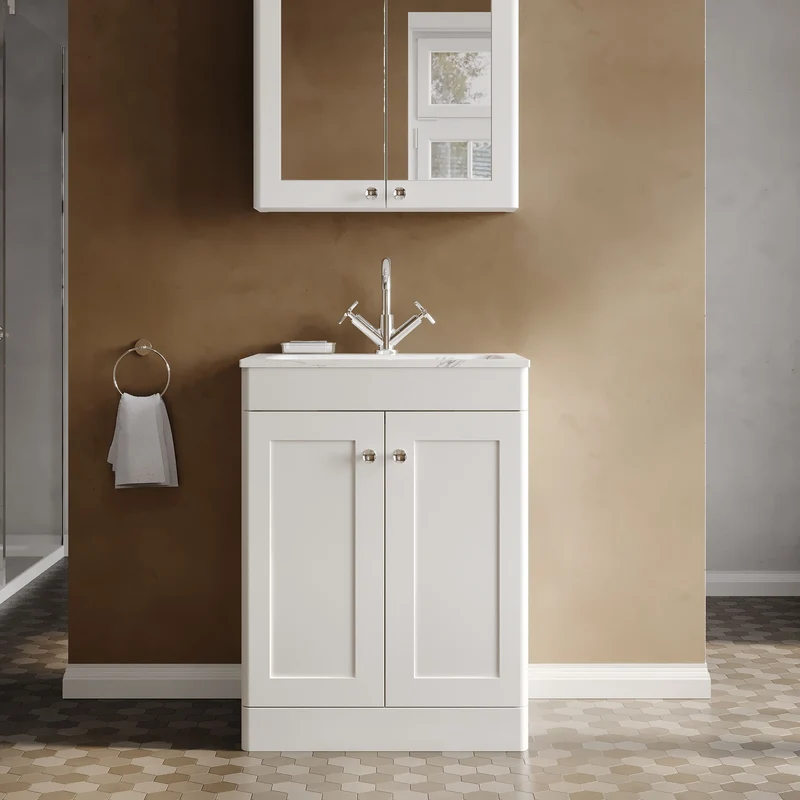 Classique 600mm Floor Standing 2 Door Vanity Unit With Marble Stone Basin - Satin White