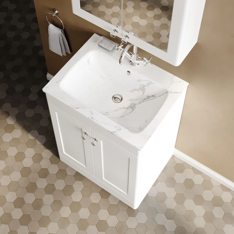 Classique 600mm Floor Standing 2 Door Vanity Unit With Marble Stone Basin - Satin White