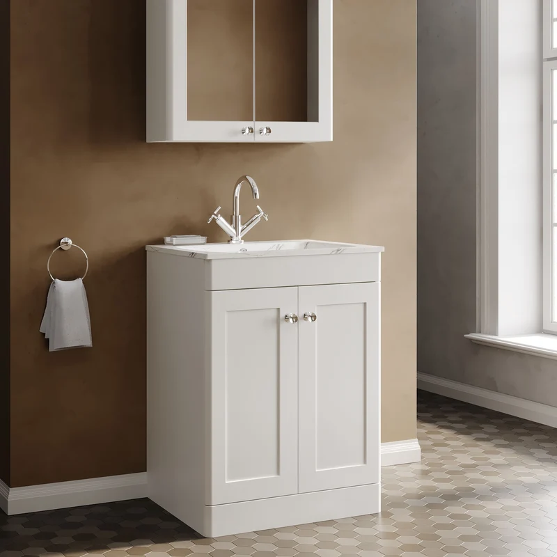 Classique 600mm Floor Standing 2 Door Vanity Unit With Marble Stone Basin - Satin White