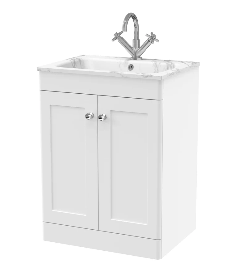 Classique 600mm Floor Standing 2 Door Vanity Unit With Marble Stone Basin - Satin White