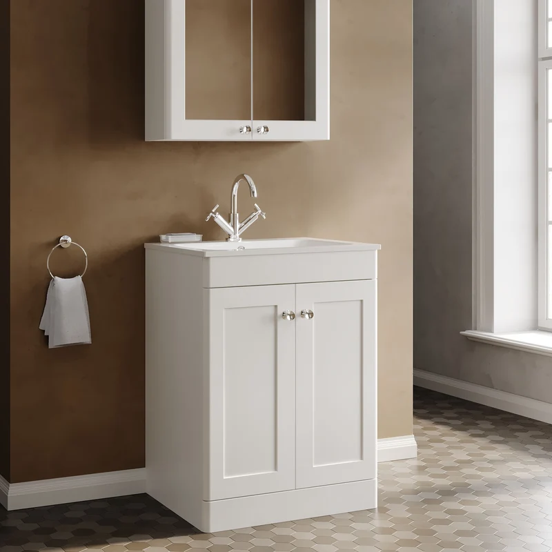 Classique 600mm Floor Standing 2 Door Vanity Unit With White Stone Basin - Satin White
