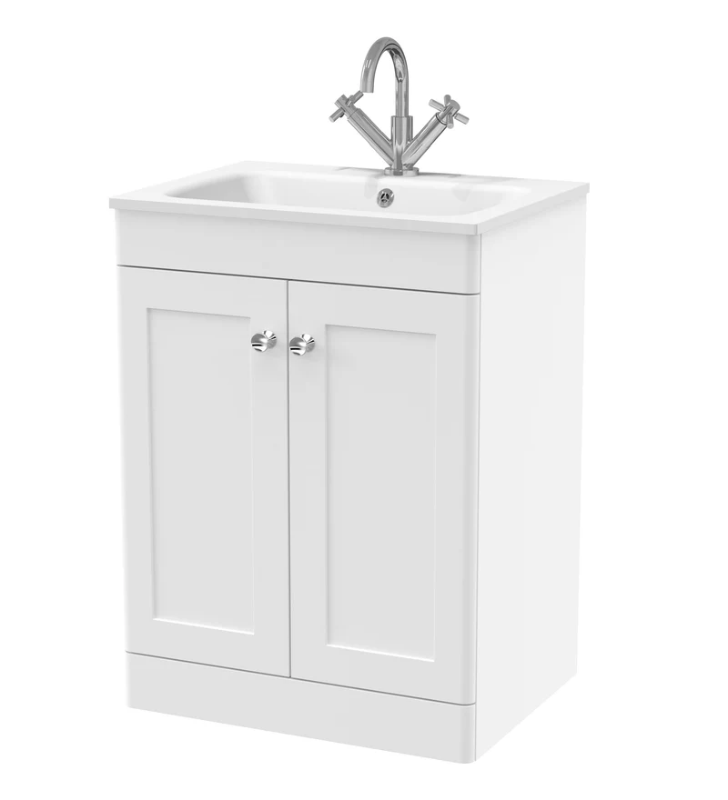 Classique 600mm Floor Standing 2 Door Vanity Unit With White Stone Basin - Satin White