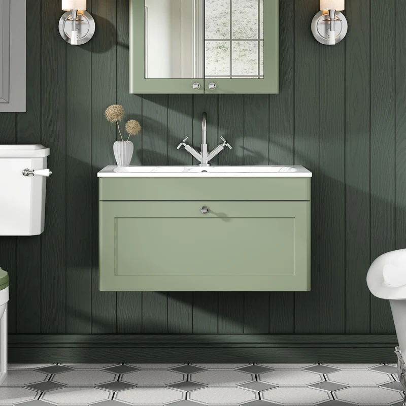 Classique 800mm Wall Hung 1 Drawer Vanity Unit With Marble Stone Basin - Satin Green