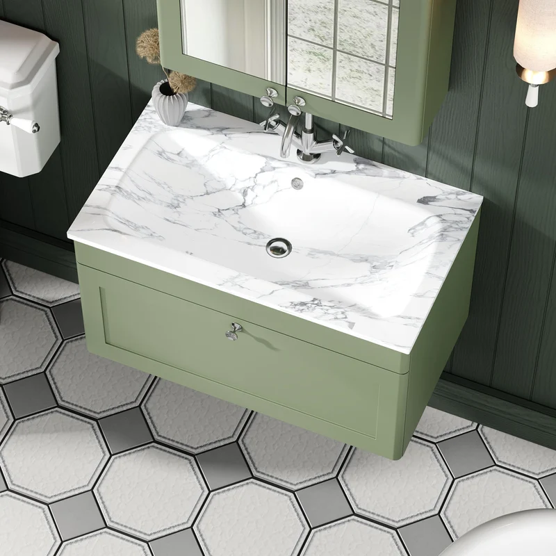 Classique 800mm Wall Hung 1 Drawer Vanity Unit With Marble Stone Basin - Satin Green