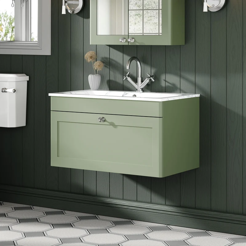 Classique 800mm Wall Hung 1 Drawer Vanity Unit With Marble Stone Basin - Satin Green