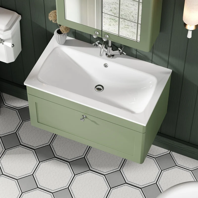 Classique 800mm Wall Hung 1 Drawer Vanity Unit With White Stone Basin - Satin Green