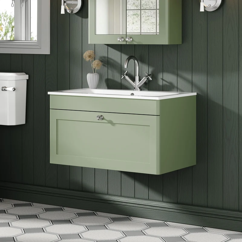 Classique 800mm Wall Hung 1 Drawer Vanity Unit With White Stone Basin - Satin Green