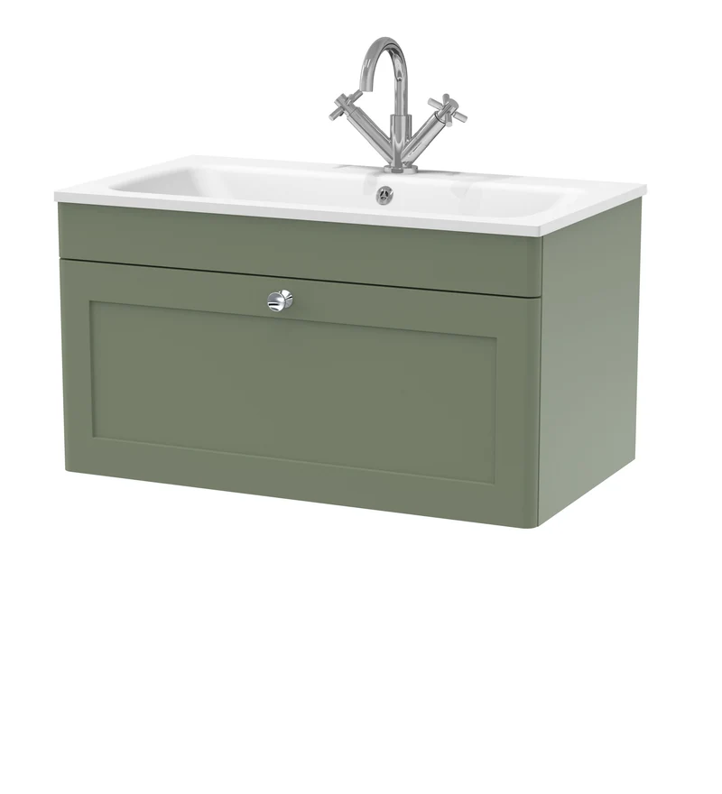 Classique 800mm Wall Hung 1 Drawer Vanity Unit With White Stone Basin - Satin Green