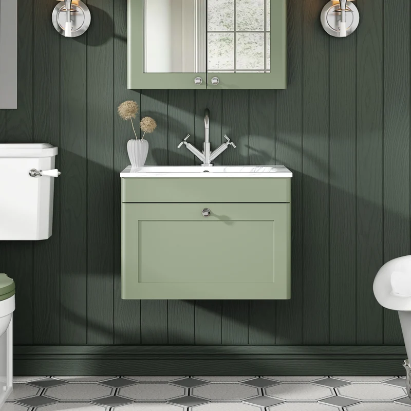 Classique 600mm Wall Hung 1 Drawer Vanity Unit With Marble Stone Basin - Satin Green