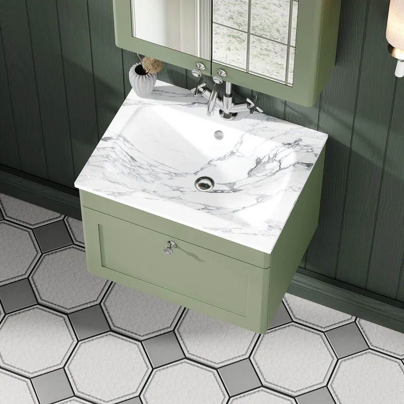 Classique 600mm Wall Hung 1 Drawer Vanity Unit With Marble Stone Basin - Satin Green