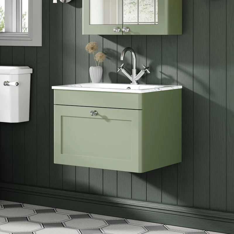 Classique 600mm Wall Hung 1 Drawer Vanity Unit With Marble Stone Basin - Satin Green