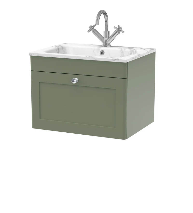 Classique 600mm Wall Hung 1 Drawer Vanity Unit With Marble Stone Basin - Satin Green