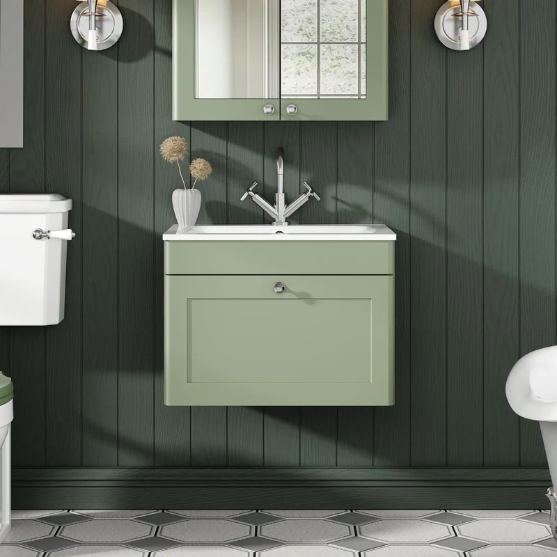Classique 600mm Wall Hung 1 Drawer Vanity Unit With White Stone Basin - Satin Green