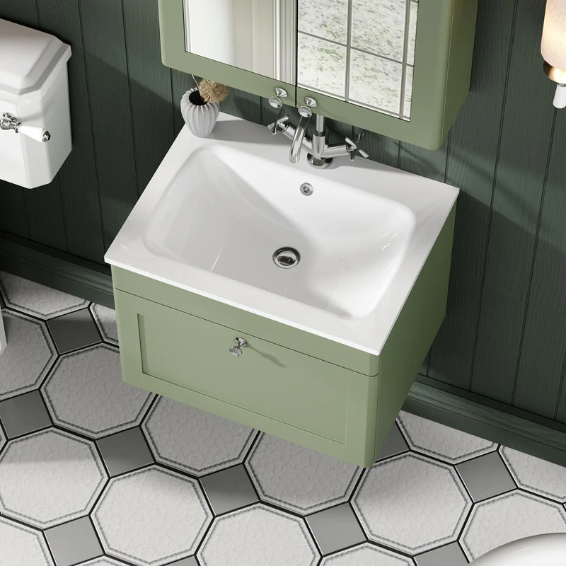Classique 600mm Wall Hung 1 Drawer Vanity Unit With White Stone Basin - Satin Green