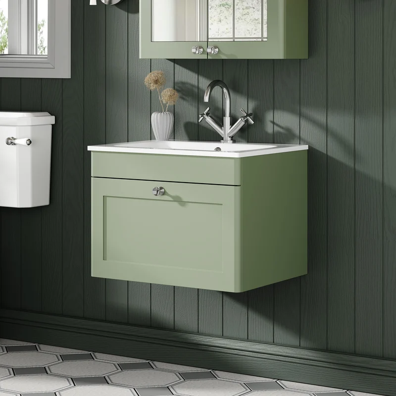 Classique 600mm Wall Hung 1 Drawer Vanity Unit With White Stone Basin - Satin Green