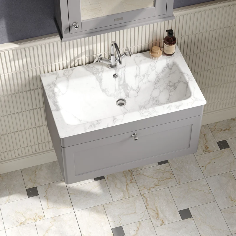 Classique 800mm Wall Hung 1 Drawer Vanity Unit With Marble Stone Basin - Satin Grey