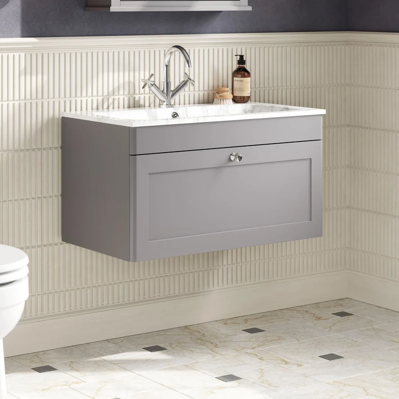 Classique 800mm Wall Hung 1 Drawer Vanity Unit With Marble Stone Basin - Satin Grey
