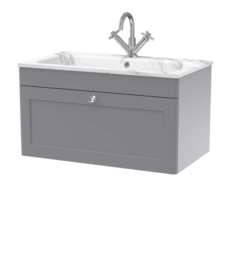 Classique 800mm Wall Hung 1 Drawer Vanity Unit With Marble Stone Basin - Satin Grey